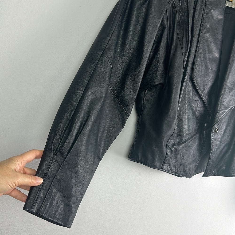 Womens Vintage 80’s Chia Soft Leather Moto Jacket Large Lined Black Coat Glamour - Picture 3 of 16